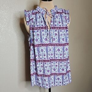 LOFT Ruffled Floral Blouse Sleeveless Blue and Purple Large Tie‎ Neck